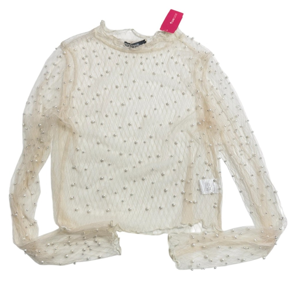 Love Culture Pearl Mesh Long Sleeve Sheer Top Cream Mock Neck‎ Small NWT